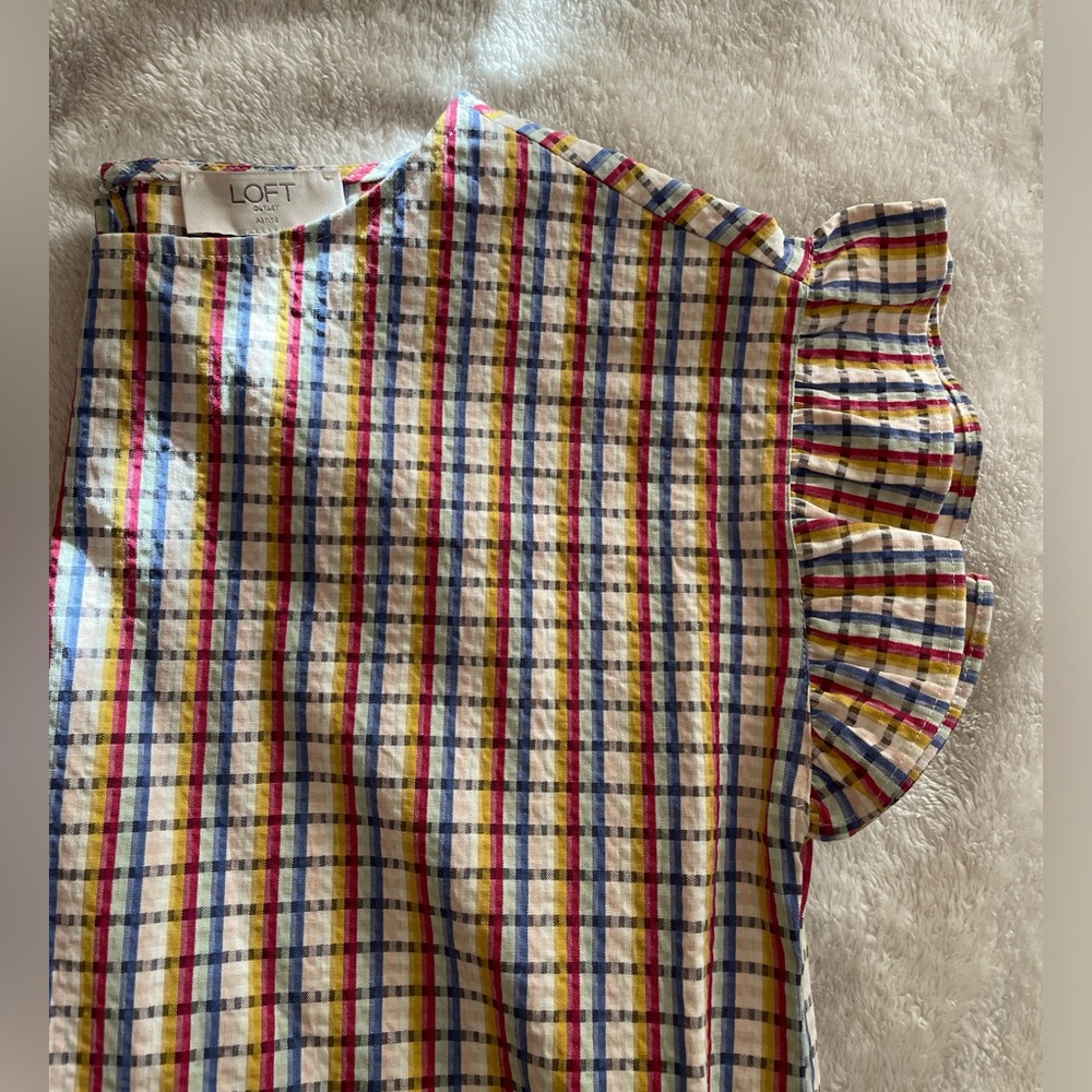 LOFT Multicolor Plaid Ruffle-Sleeve Dress